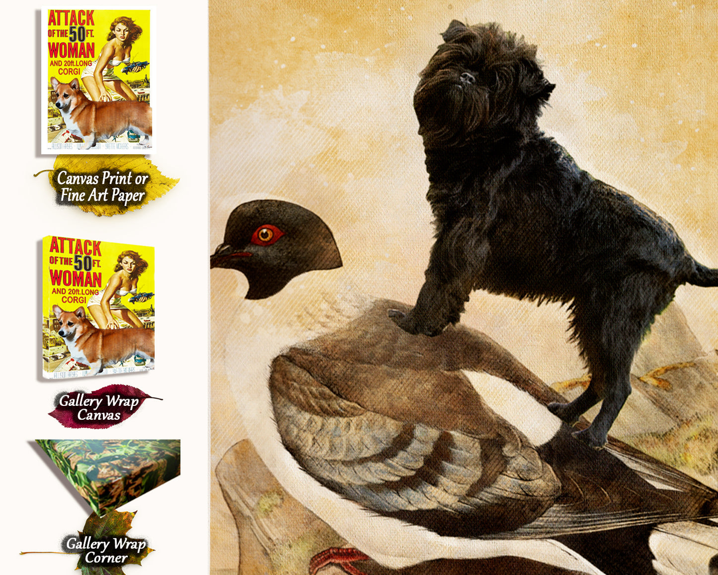 Affenpinscher and Pigeon Vintage Art by Nobility Dogs