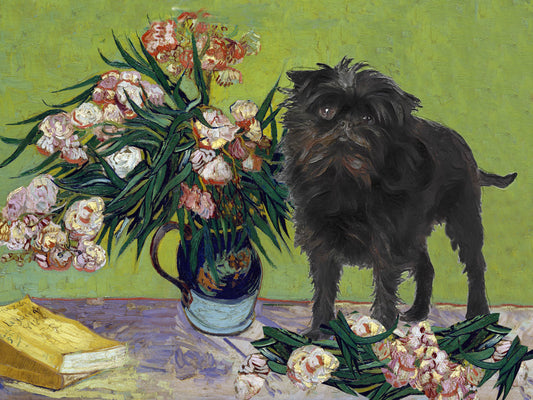 Vase Affenpinscher avec des lauriers roses et des livres Van Gogh par Nobility Dogs