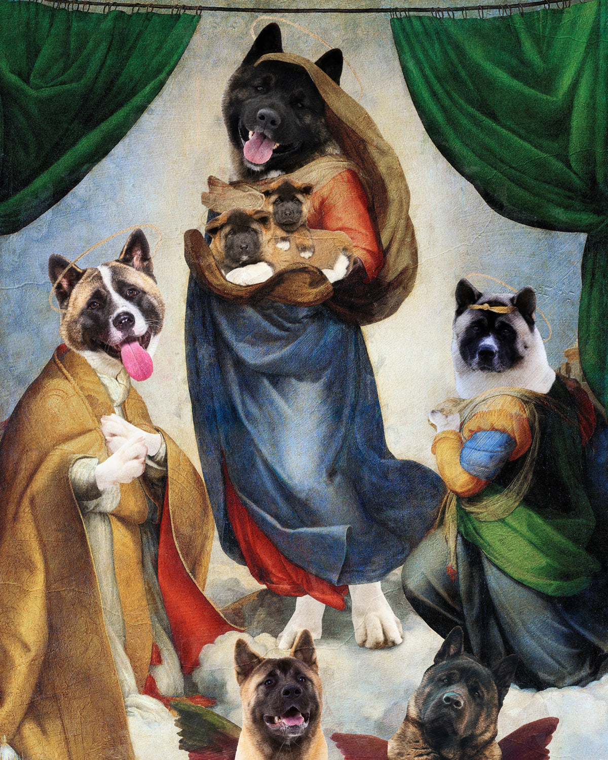 Sistine Madonna American Akita and Puppy with Cherubs