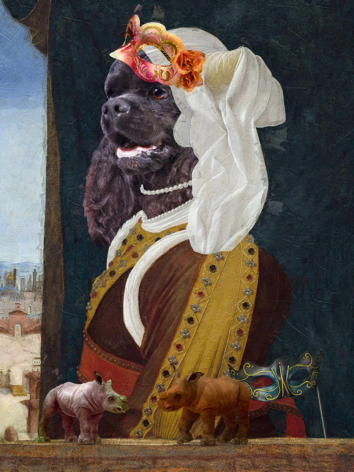 Black Cocker Spaniel Diptych Venetian Renaissance Couple