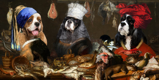 American Cocker Spaniels, Kitchen Scene, Mona Lisa Chef, Maid with pearl earring, Fish Gourmet with a red turban