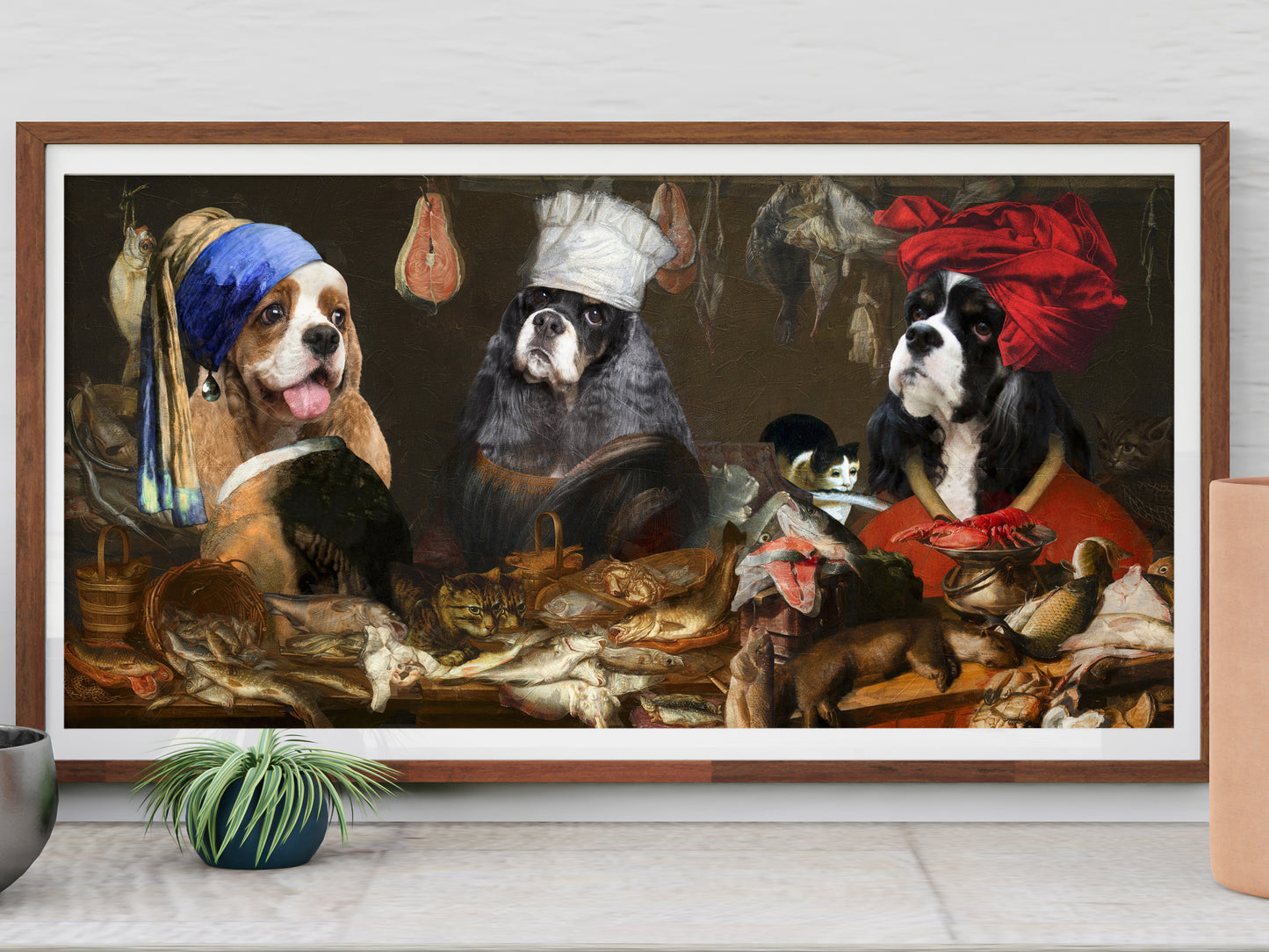 American Cocker Spaniels, Kitchen Scene, Mona Lisa Chef, Maid with pearl earring, Fish Gourmet with a red turban
