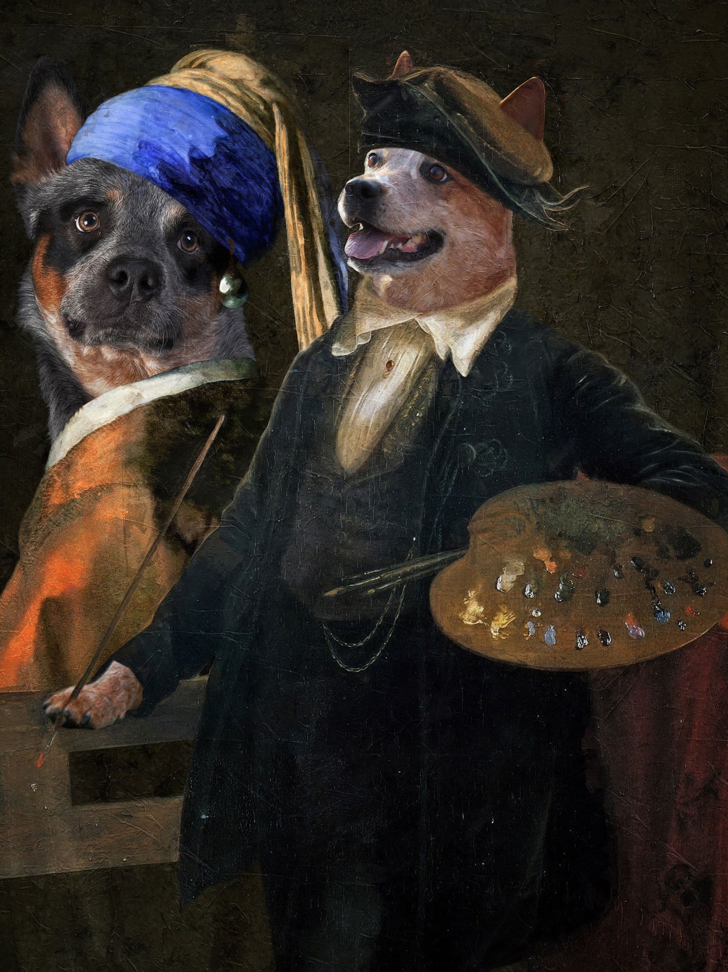 Blue Heeler Artist and Girl With a Pearl Earring Model Diptych Renaissance Art