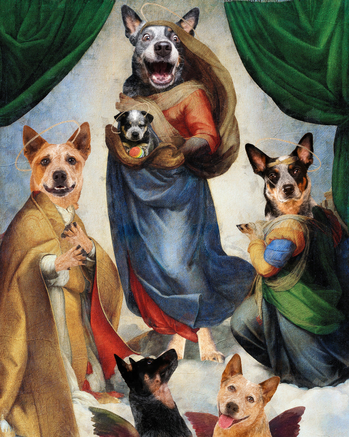 Sistine Madonna Australian Cattle Dog and Puppy with Cherubs