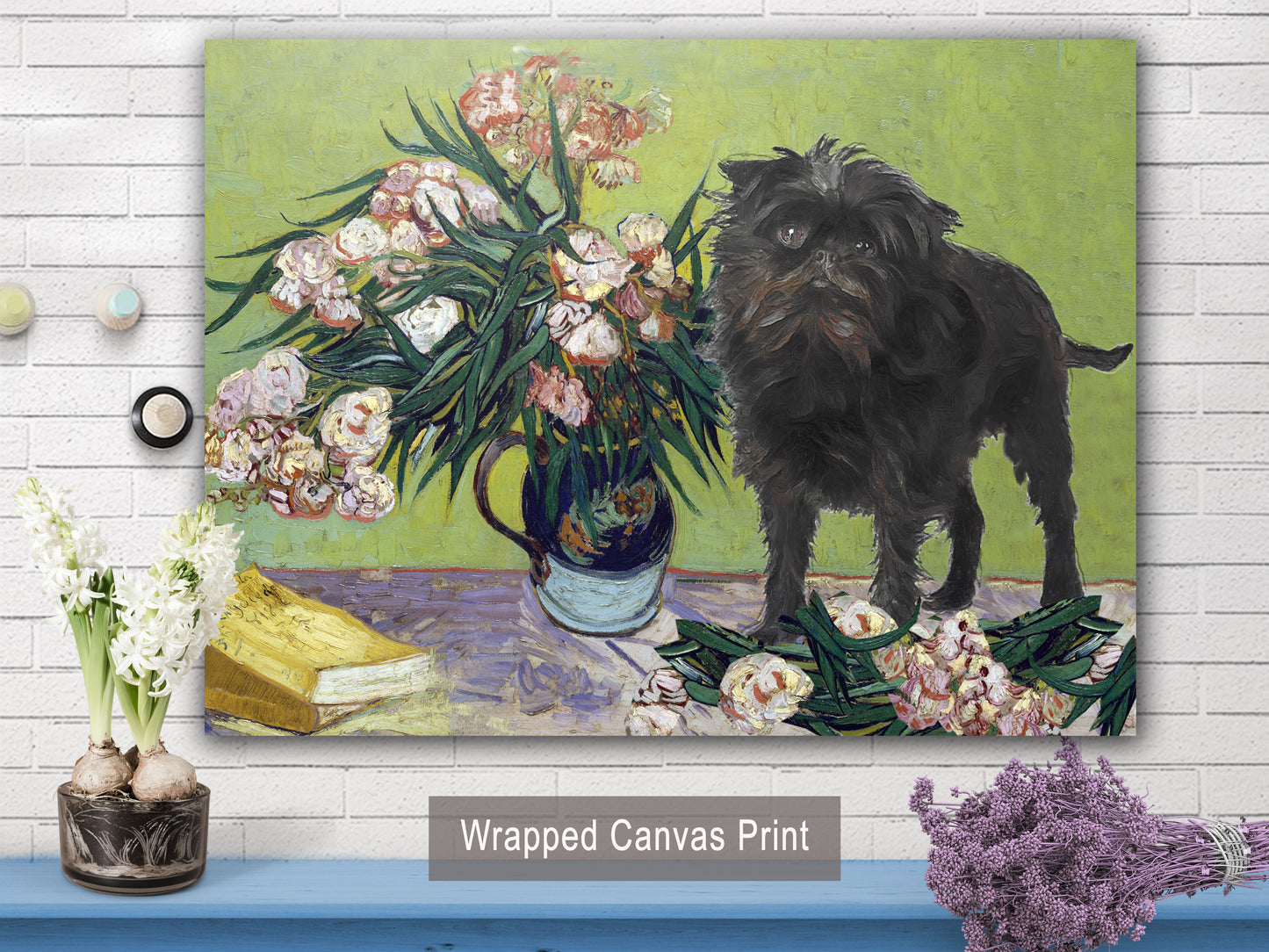 Vase Affenpinscher avec des lauriers roses et des livres Van Gogh par Nobility Dogs