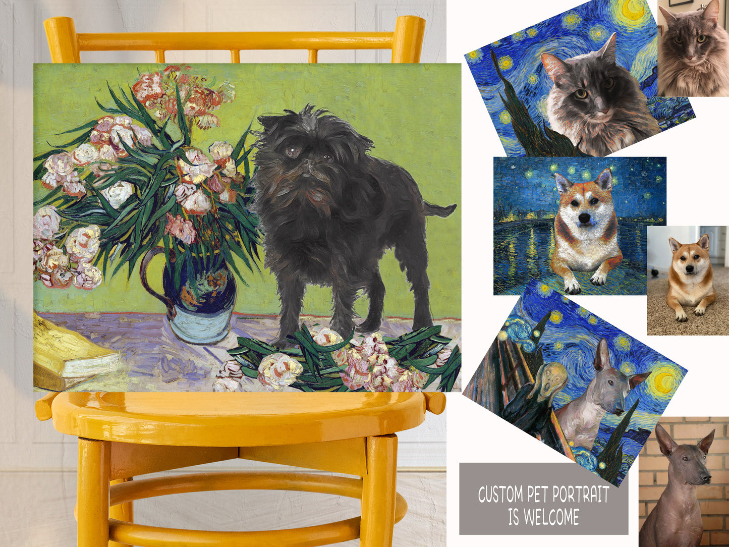 Vase Affenpinscher avec des lauriers roses et des livres Van Gogh par Nobility Dogs