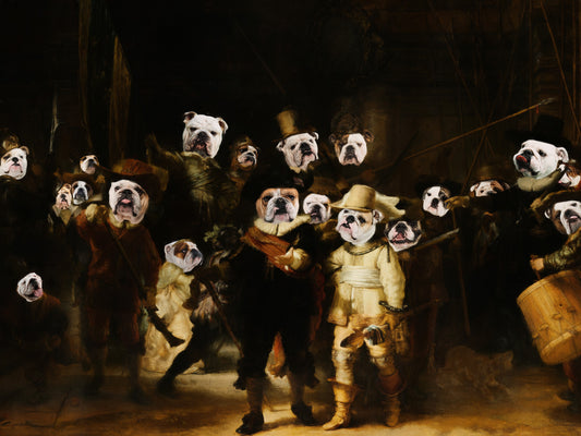 The Night Watch Rembrandt van English Bulldog Dog Style Art Renaissance Masterpiece