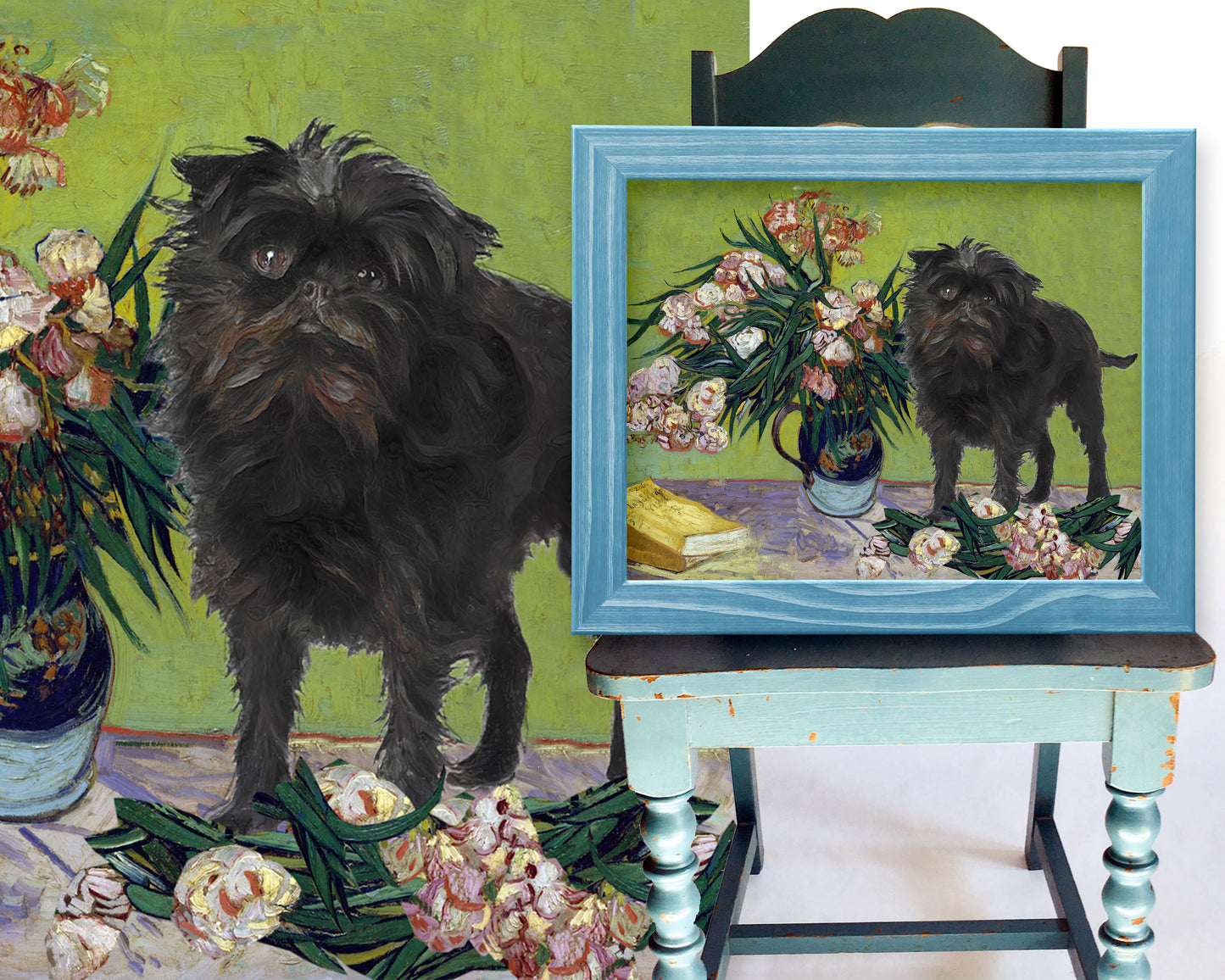 Vase Affenpinscher avec des lauriers roses et des livres Van Gogh par Nobility Dogs