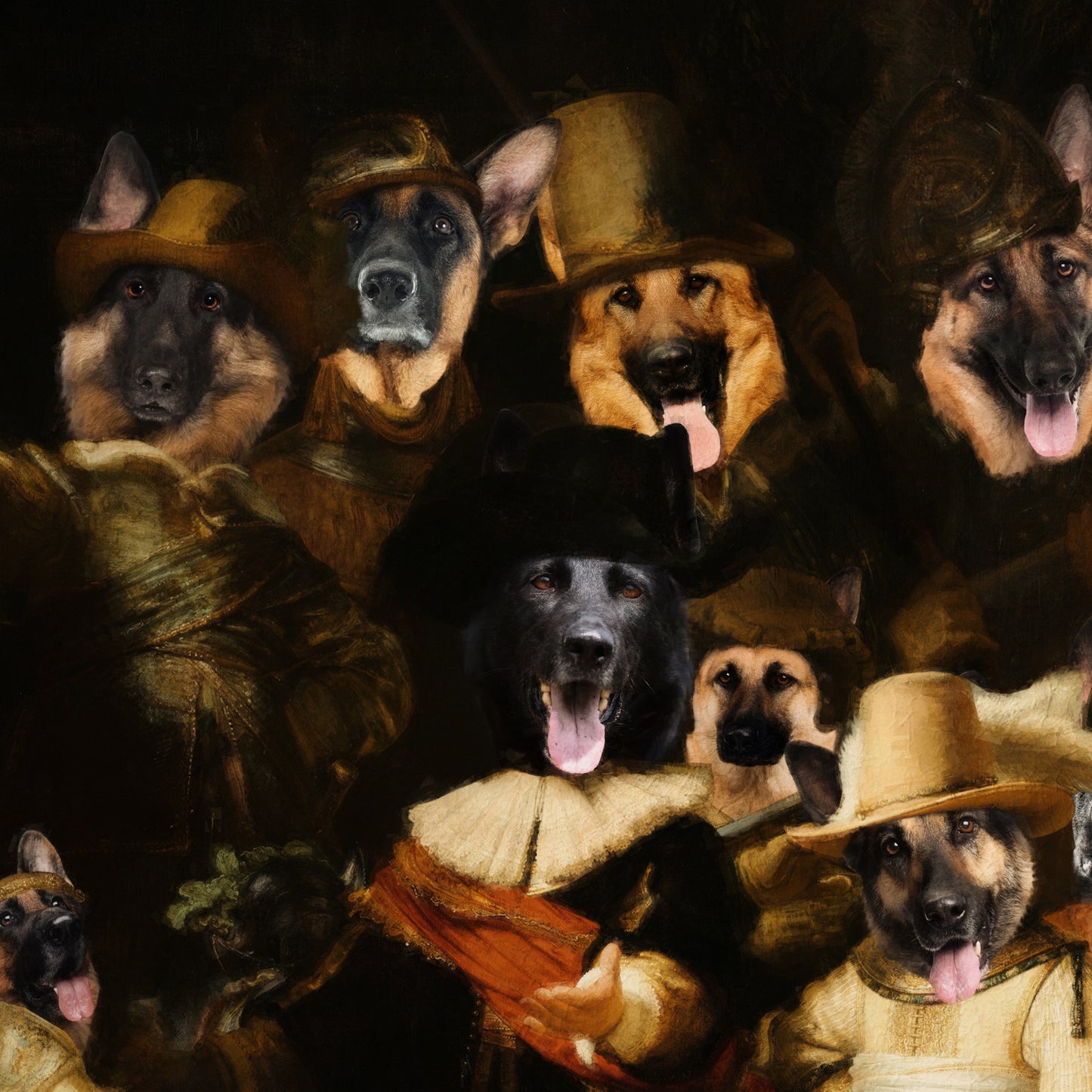 The Night Watch Rembrandt van German Shepherd Dog Style Art Renaissance Masterpiece