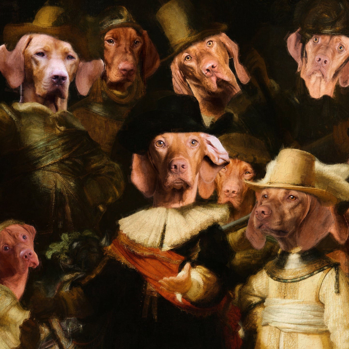 The Night Watch Rembrandt van Vizsla Dog Style Art Renaissance Masterpiece