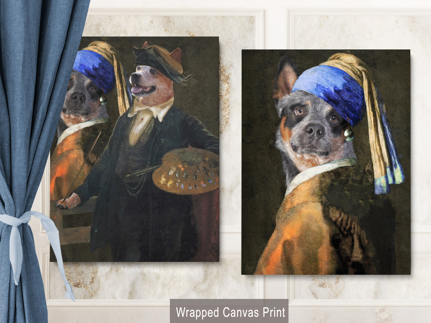 Blue Heeler Artist and Girl With a Pearl Earring Model Diptych Renaissance Art