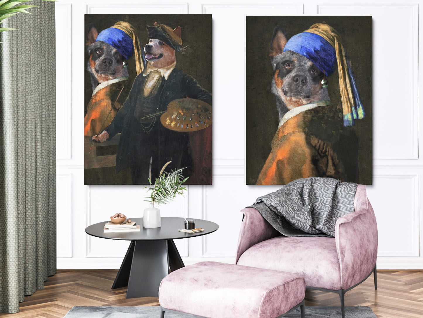 Blue Heeler Artist and Girl With a Pearl Earring Model Diptych Renaissance Art