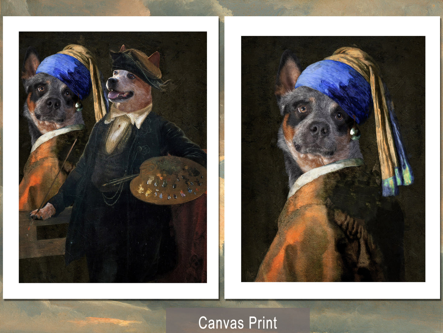 Blue Heeler Artist and Girl With a Pearl Earring Model Diptych Renaissance Art