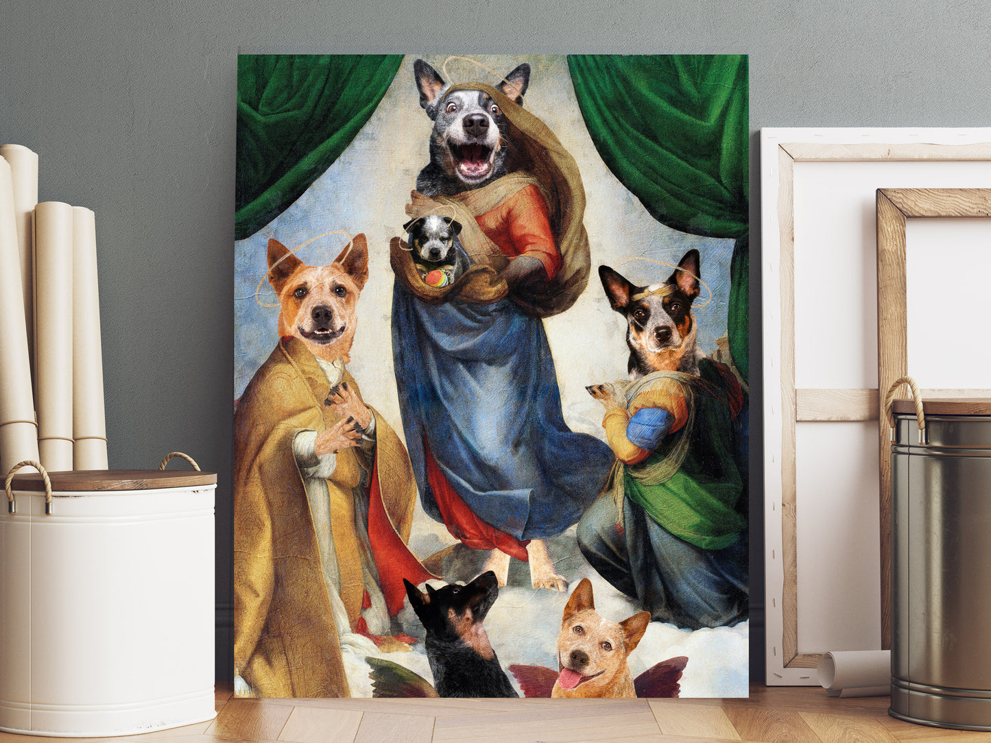 Sistine Madonna Australian Cattle Dog and Puppy with Cherubs