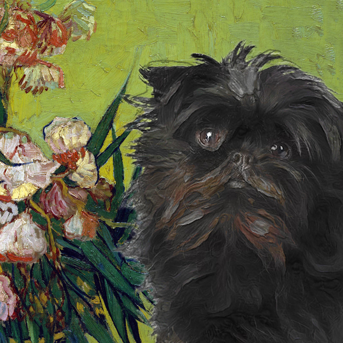 Vase Affenpinscher avec des lauriers roses et des livres Van Gogh par Nobility Dogs