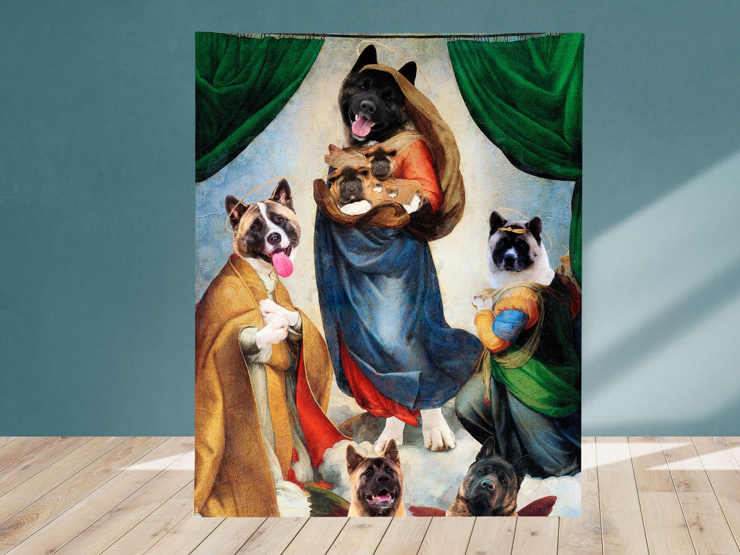 Sistine Madonna American Akita and Puppy with Cherubs