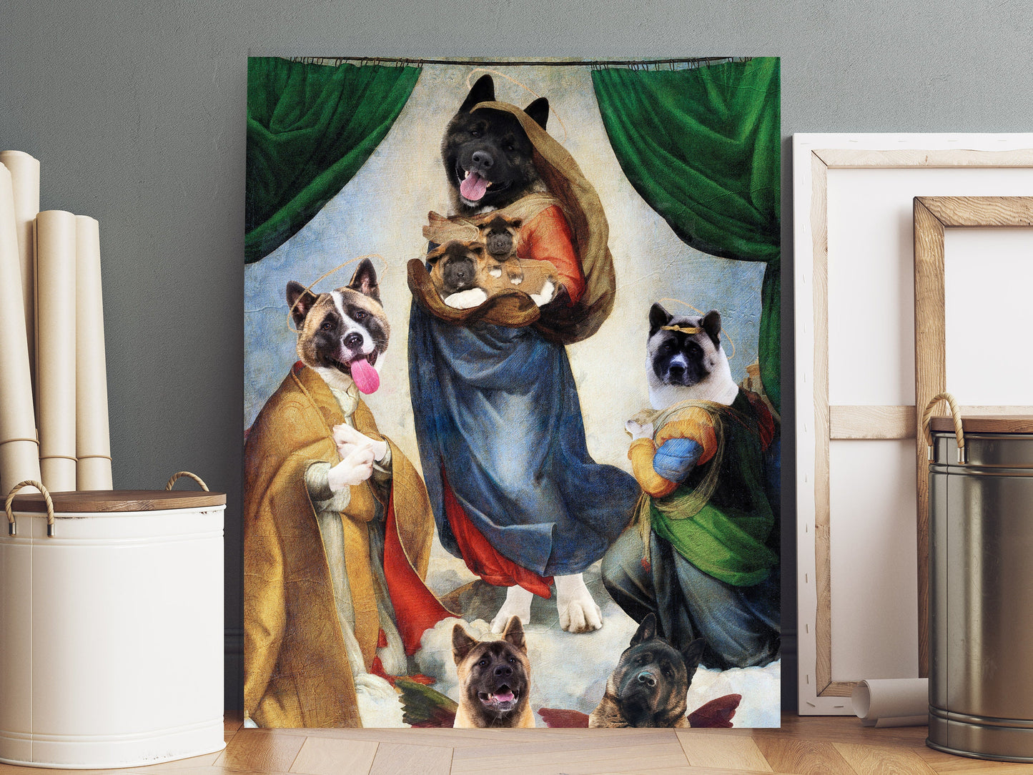 Sistine Madonna American Akita and Puppy with Cherubs