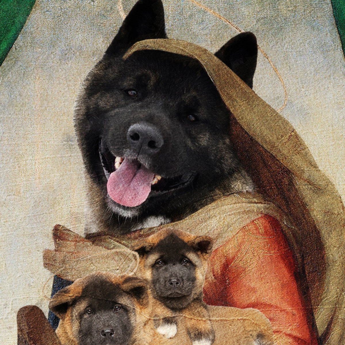 Sistine Madonna American Akita and Puppy with Cherubs