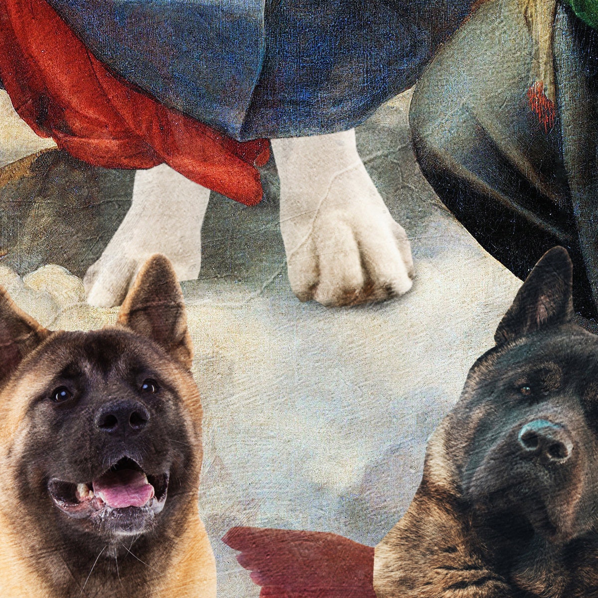 Sistine Madonna American Akita and Puppy with Cherubs