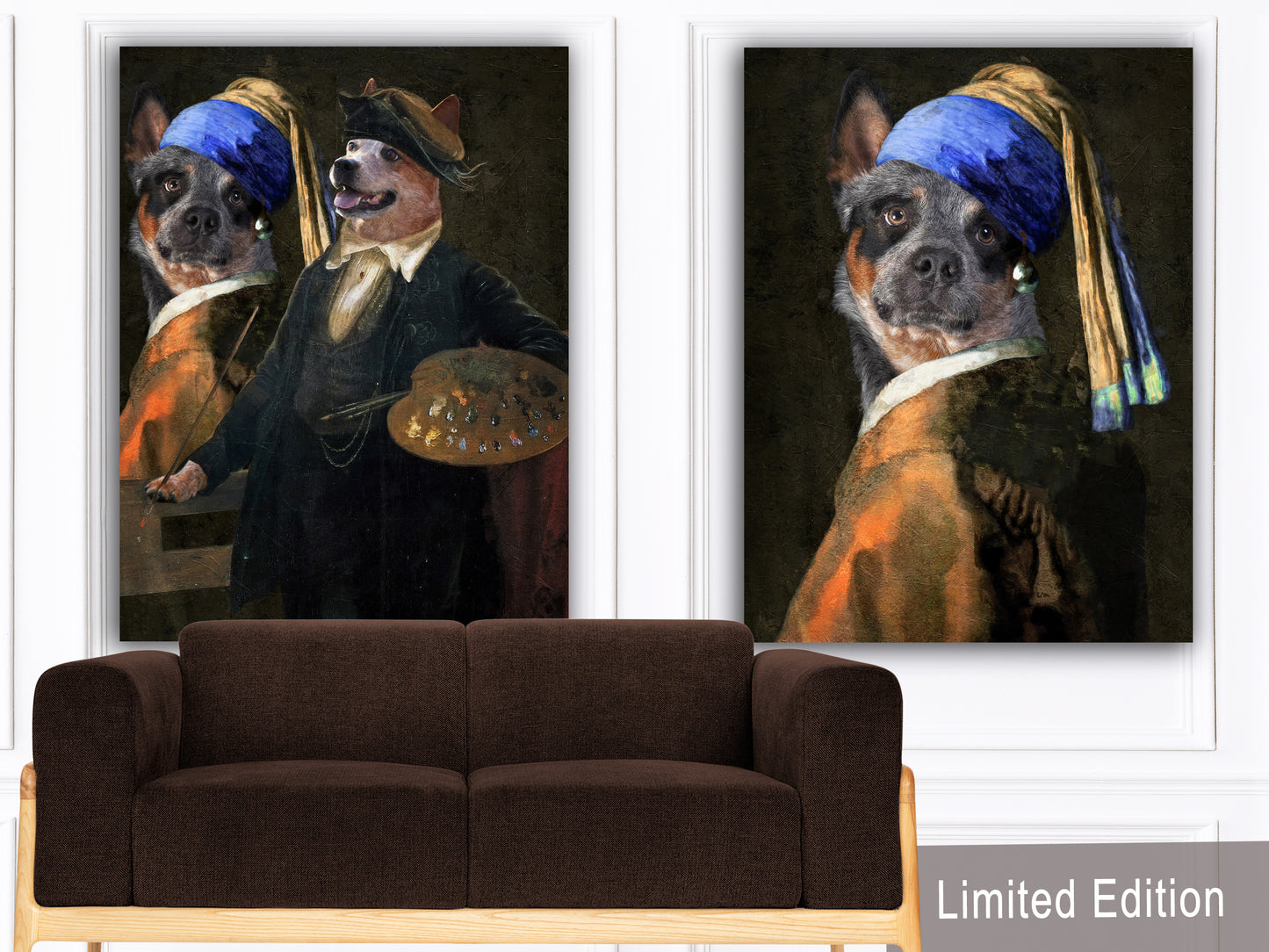 Blue Heeler Artist and Girl With a Pearl Earring Model Diptych Renaissance Art