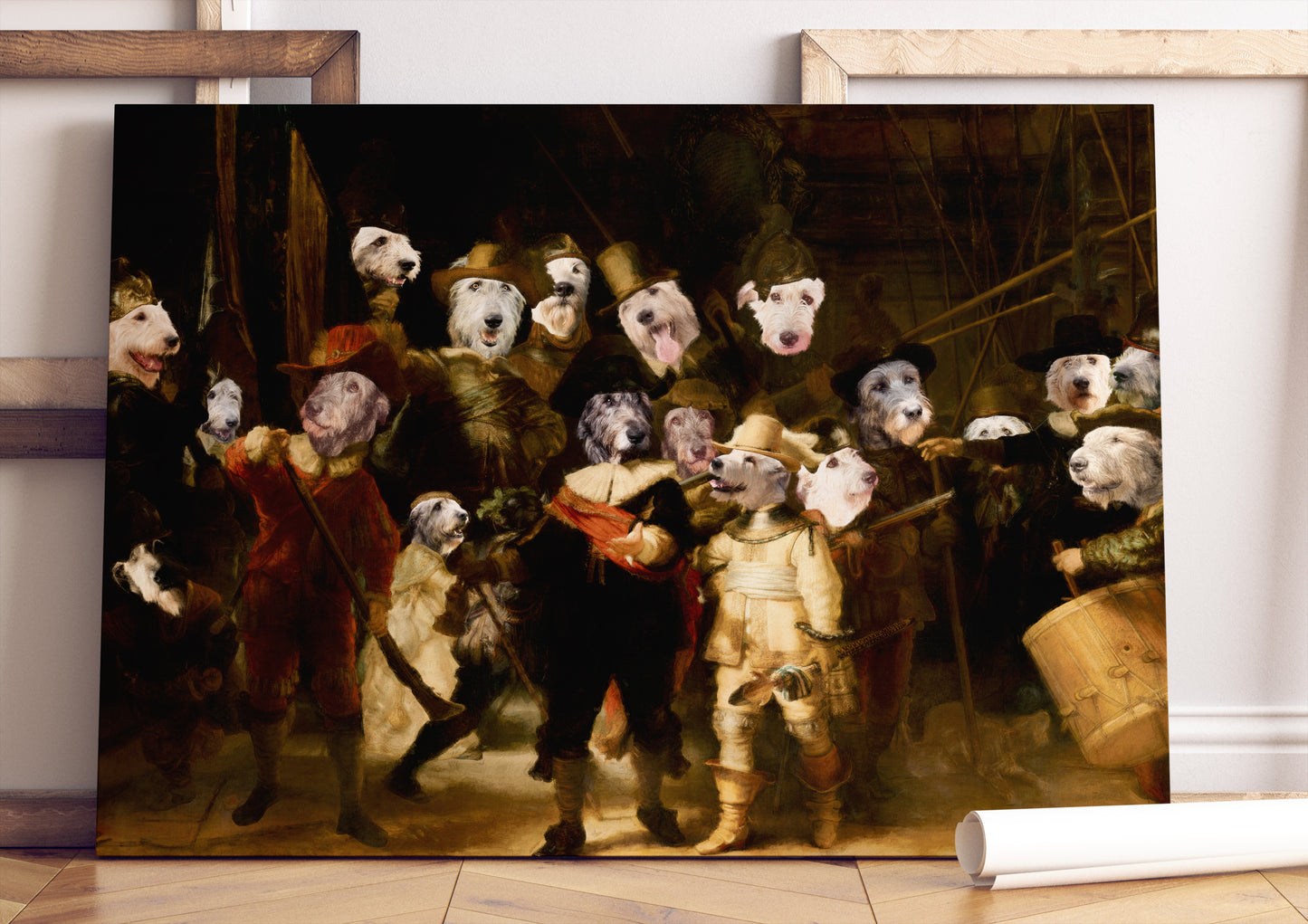 The Night Watch Rembrandt van Irish Wolfhound Dog Style Art Renaissance Masterpiece