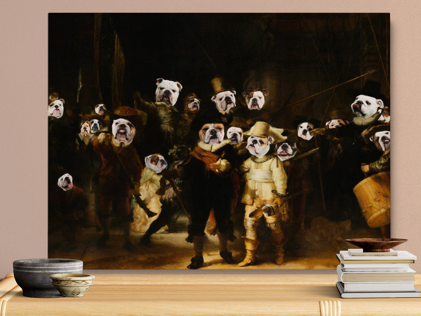 The Night Watch Rembrandt van English Bulldog Dog Style Art Renaissance Masterpiece