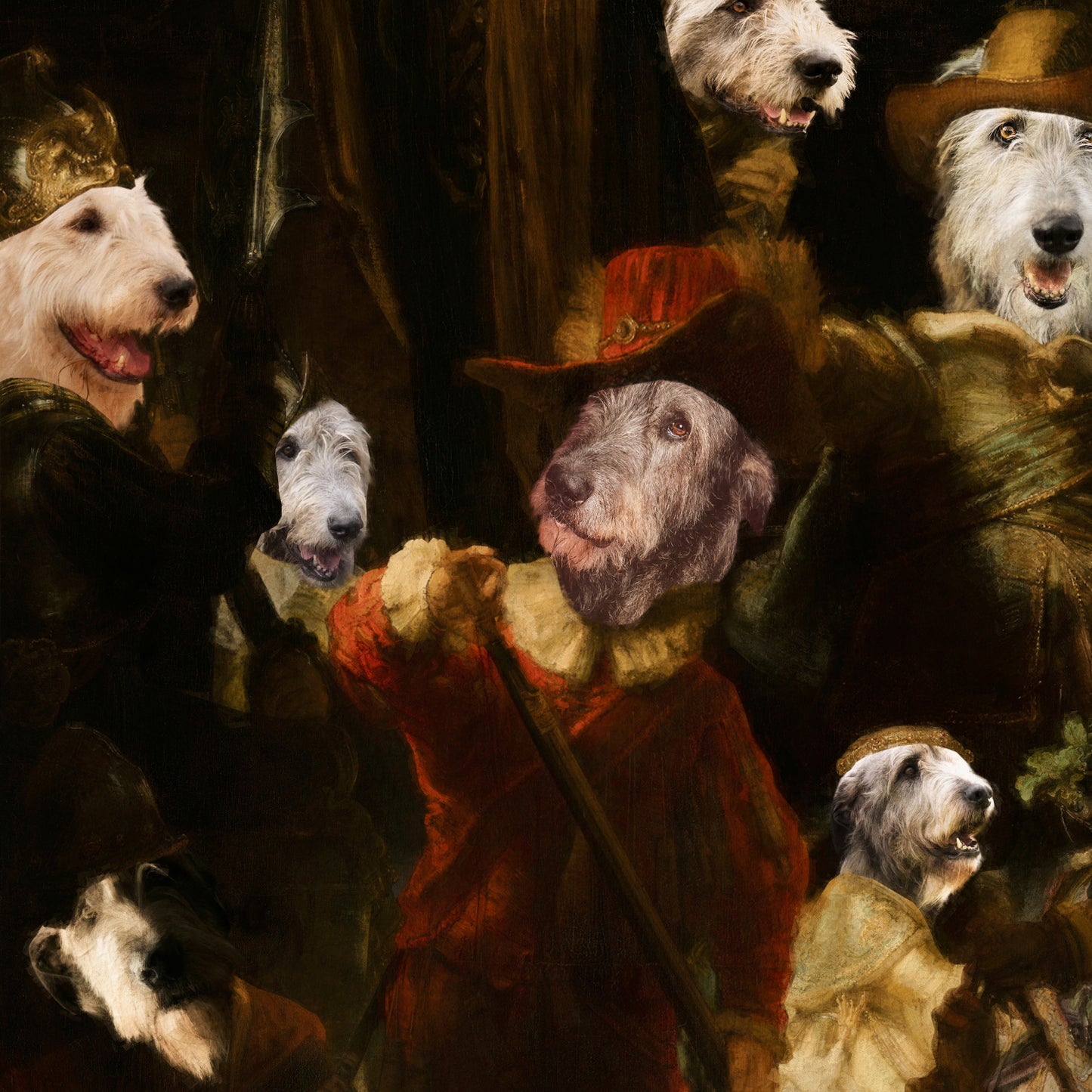 The Night Watch Rembrandt van Irish Wolfhound Dog Style Art Renaissance Masterpiece